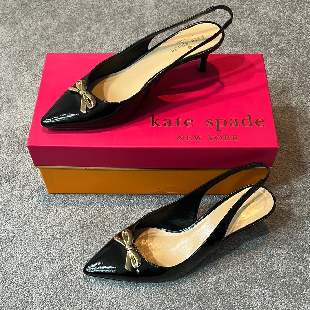 Kate Spade Black Slingback Heels with signature bow & logo. Original box. Size 7